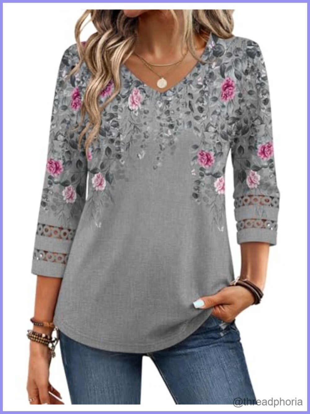 Zeagoo Womens V Neck 3/4 Sleeve Lace Blouse Casual Dressy Top